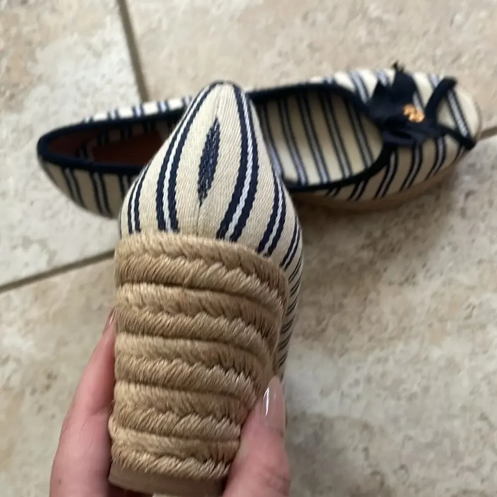 Tory Burch Jackie Striped Peep-Toe Wedge sandal Ivory Navy
